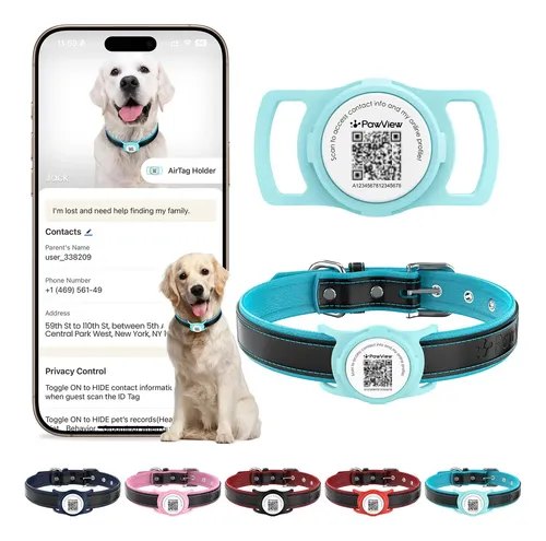 Coleira de Couro Legítimo PawView Com Capa Protetora para AirTag